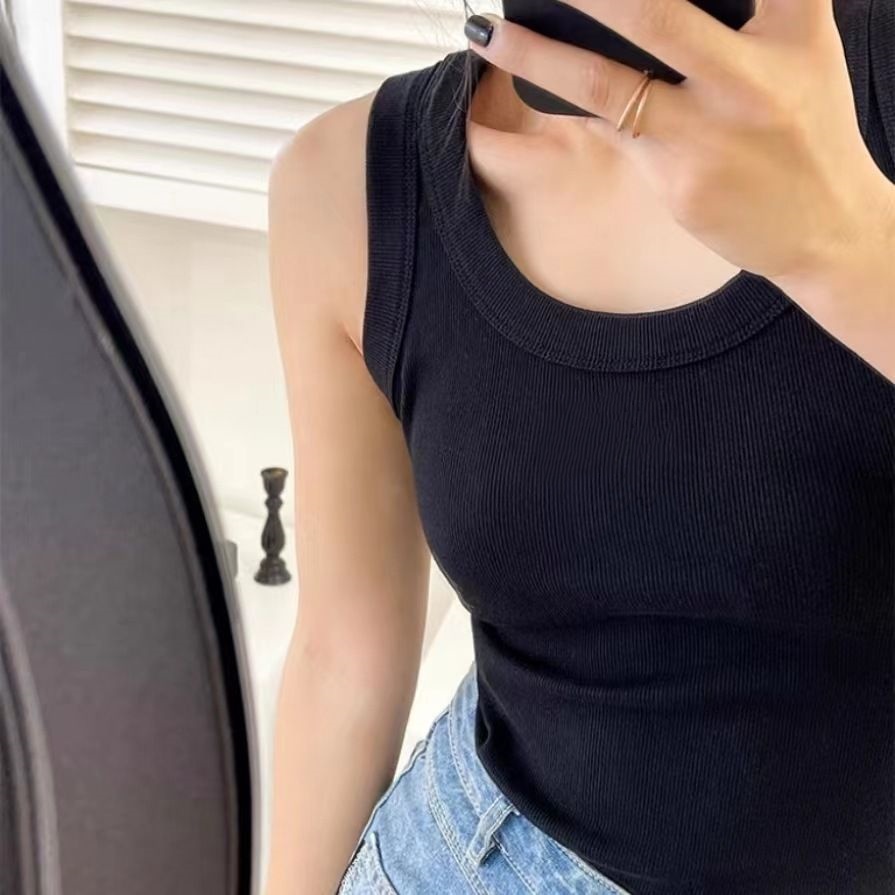 Women's White Cotton Blend Ribbed Sleeveless Tank Casual Scoop Neck Summer Crop Top
