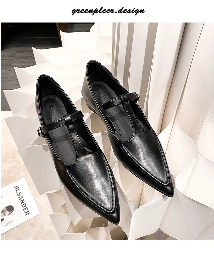 2024 Womens Fashion Pointed Lace Buckle Shoes Almond Vintage Kawaii Solid Womens Shoes Flat Bottom Casual Shallow Mouth Mary Slim Shoes 240710