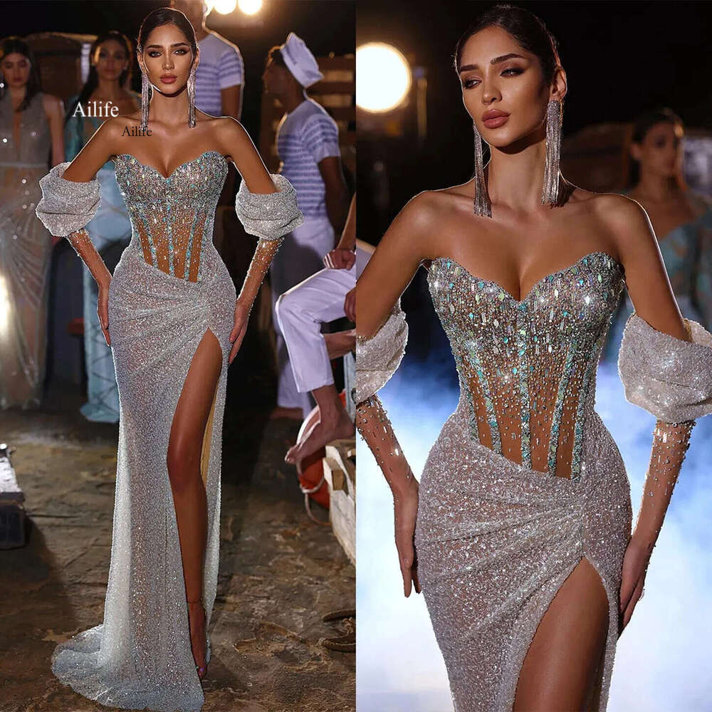 Dresses Prom For Mermaid Brilliant Women Illusion V Neck Side Split Crystal Sequins Evening Dress Robe De Soiree 0710