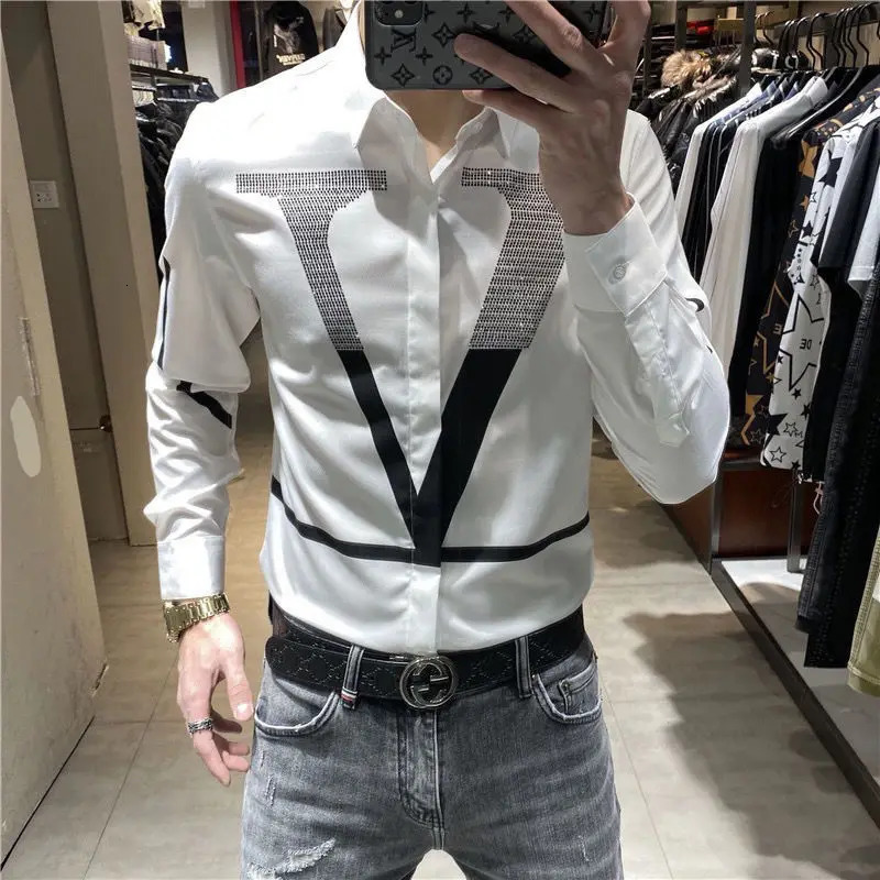 Spring Autumn Personality Diamonds Letter Printing Shirt Hombre Long Sleeve Casual Fashion All-match Bottoming Blouse Men Top 240704