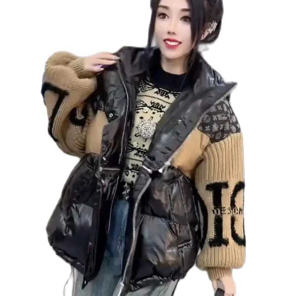 Women's Jackets Winter cotton jacket European design contrasting color patchwork knit sleeves thickened warm jacket womens new 202 J240708