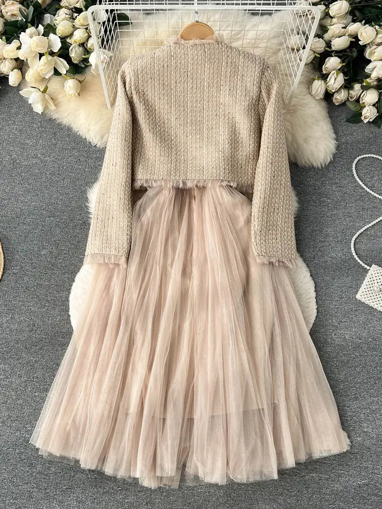 Autumn Spaghetti Strap Woolen Patchwork Mesh Tulles Midi Dress Short Tweed Jacket Coat For Women 2 Pieces Set Outfits 240708