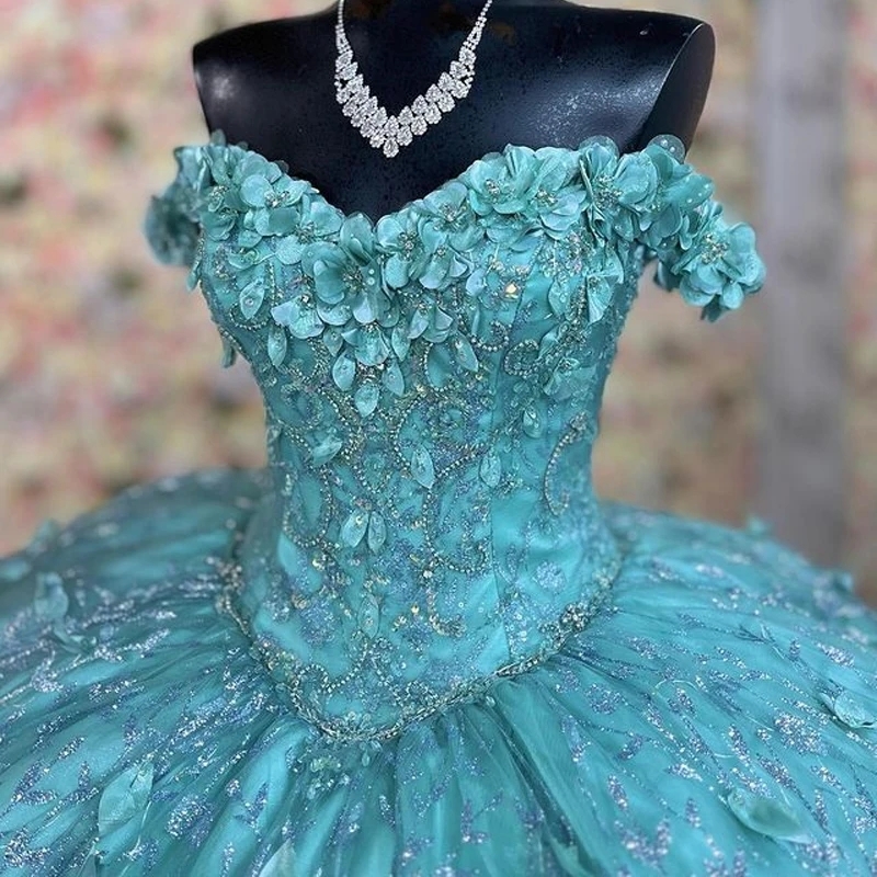 Aqua Blue Shiny Quinceanera Sweet 16 Dresses Lace Applique 3D Flower Off Shoulder Lace-up Prom Ball Gowns Vestido De 15 Anos