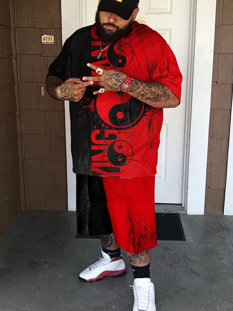 ZOOY L-9XL Mens Plus Size Personality Graffiti Cartoon Hip Hop Abstract Poker Street Short Sleeve T-Shirt Shorts Set 240701
