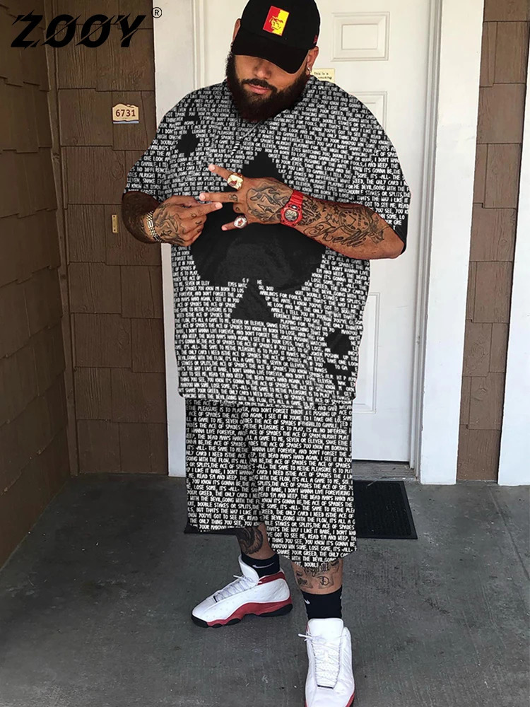ZOOY L-9XL Mens Plus Size Personality Graffiti Cartoon Hip Hop Abstract Poker Street Short Sleeve T-Shirt Shorts Set 240701