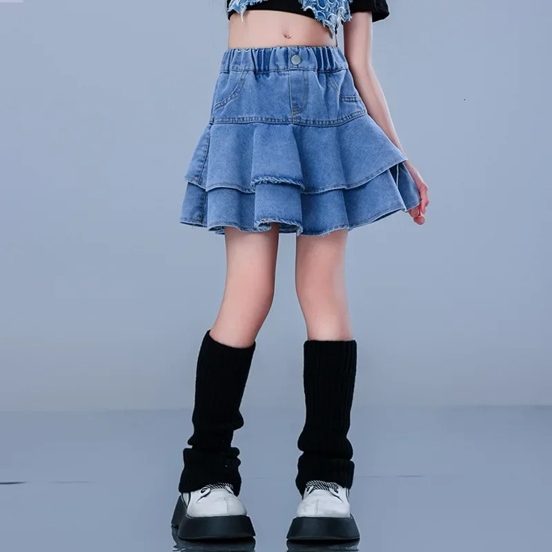 Girls Denim Skirt Summer Korean Style Ruffled Tiered Skirt for Kids Cotton All-match 4-12 Years Teen School Children Short Skirt 240703