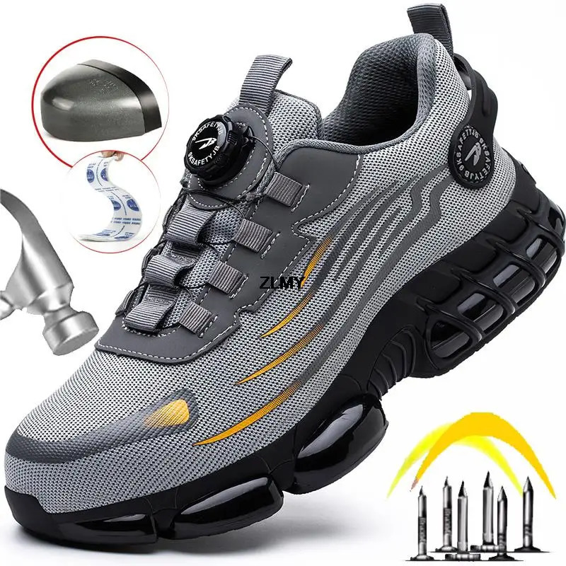 ZLMY Anti-slip Safety Shoes Men Steel Toe Sneaker Puncture Proof Rotary Button Safety Work Boots Man Sport Work Shoes Anti-smash 240703