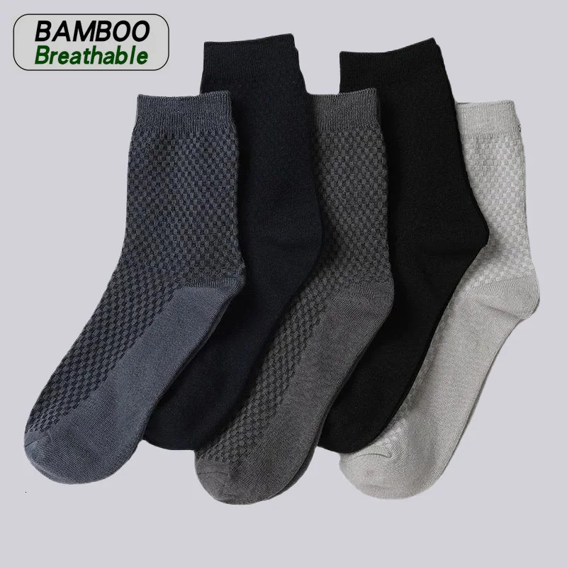 5 Pairs Men Bamboo Fiber Crew Socks Man High Quality Summer Winter Business Breathable Black Male Dress Ankle Socks 240703