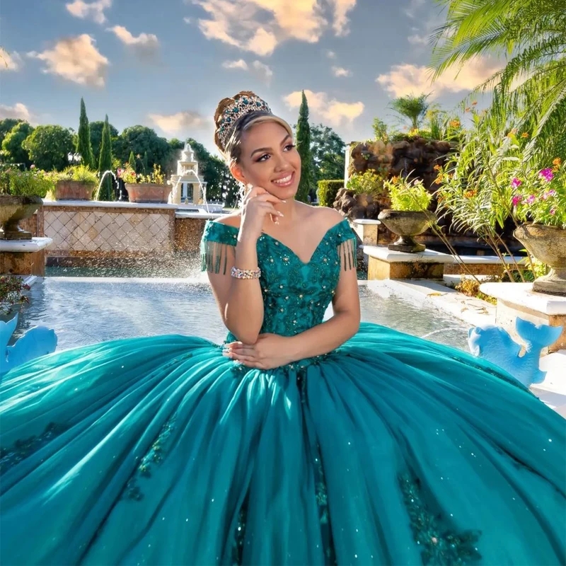 Emerald Green Off The Shoulder Quinceanera Dresses Ball Gown Floral Appliques Lace Beas Sweet 16 Girls Party Vestidos De 15 Anos