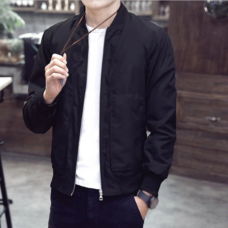 Mens Casual Black Thin Slim Fit Stand Collar Long Sleeved Round Neck Zip Up Jacket Coat Top Solid Business Fashion Men 240701