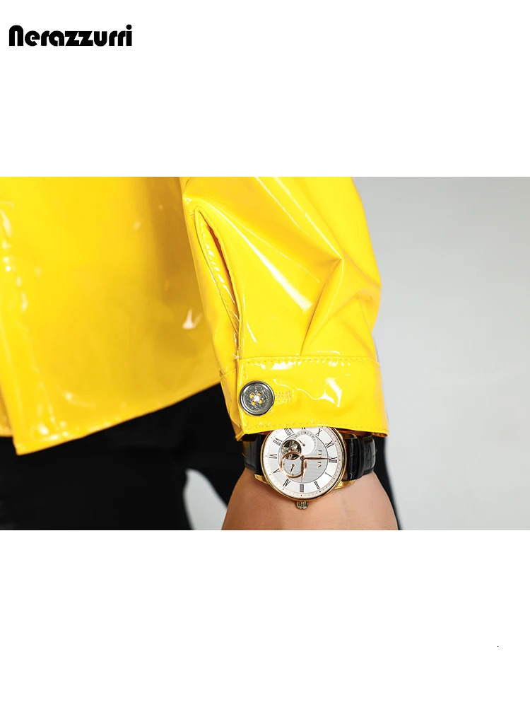 Mauroicardi Spring Autumn Cool Short Shiny Reflective Stretchy Fitted Patent Faux Leather Shirt Jacket Men Y2K Streetwear 240703