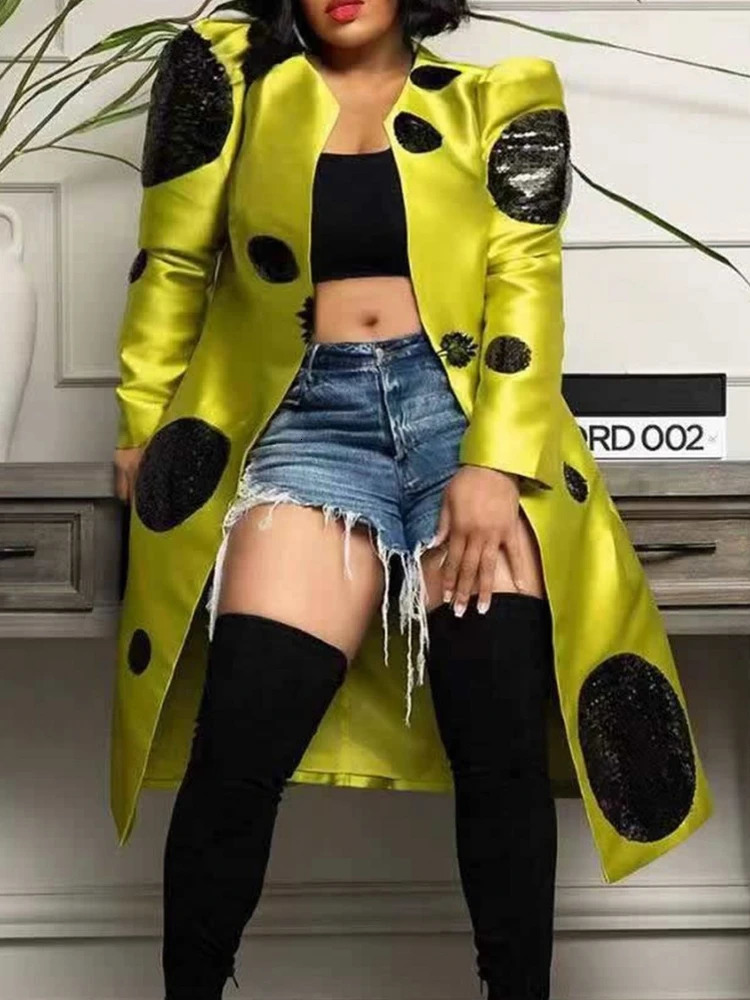 Autumn Winter Sequin Splicing Trench Women Small Suit Long Sleeve Jacket Casual Tops Slim Wild Blazers Long Coat 240703