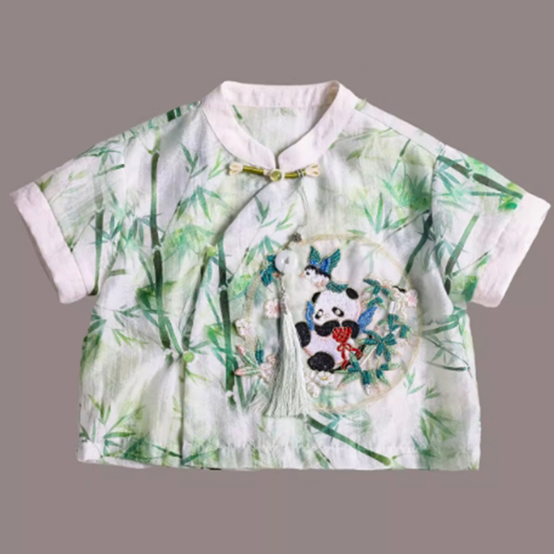 Customized children's summer new product, boys' new Chinese Hanfu, Tang suit, short sleeved two-piece set for siblings, children's perf