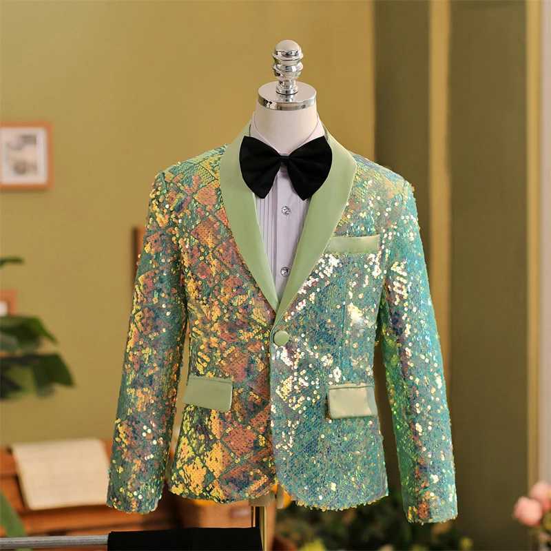 Suits Boys High End Formal Sequins Suit Childrens Korean Host Dress Catwalk Party Photogray Costume Kids Green Jackets