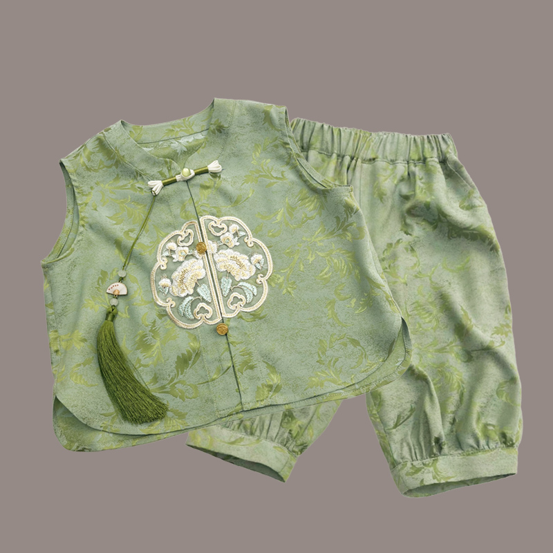 Children's summer new new Chinese boys and girls Tang suit Hanfu dark jacquard short-sleeved light suit