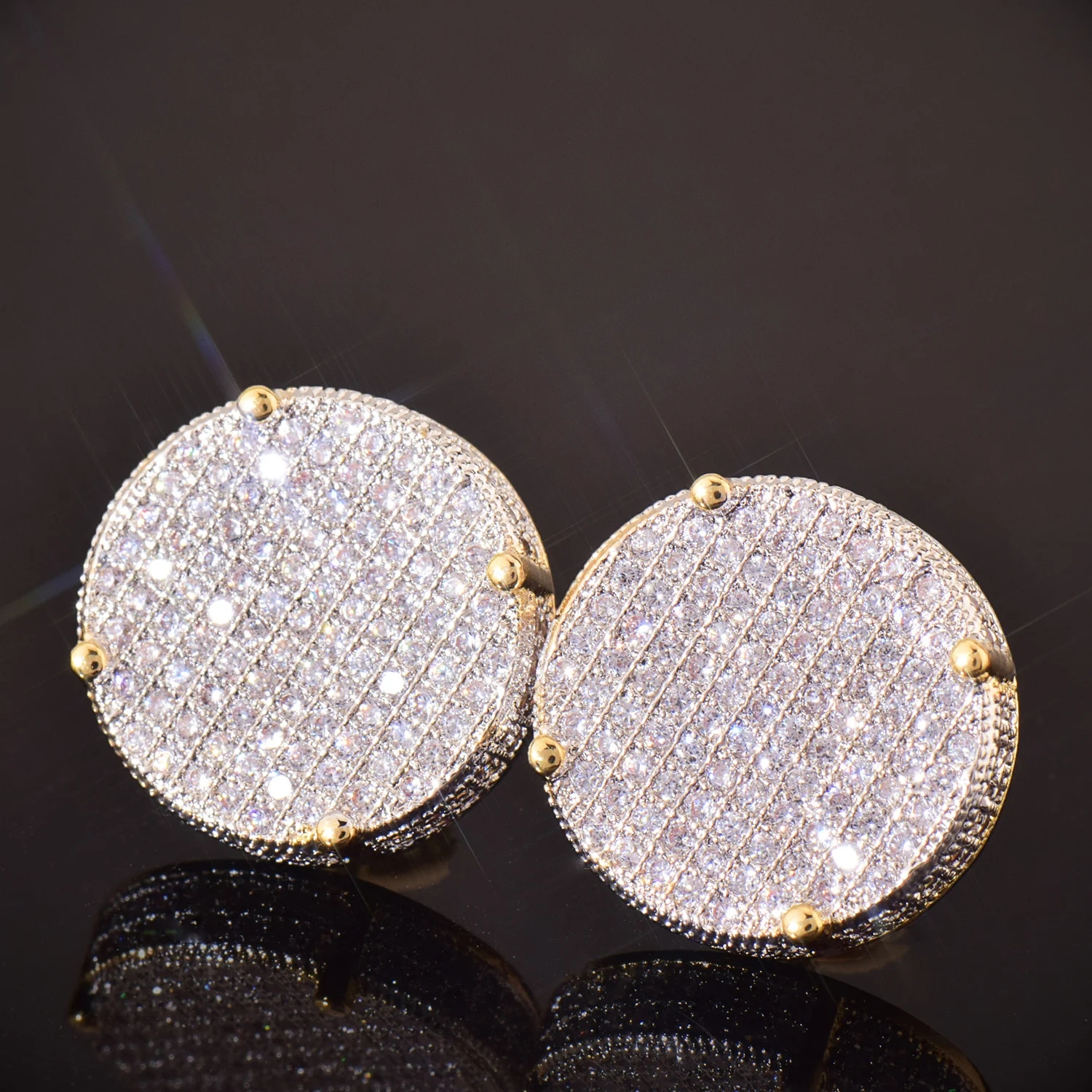 Hello hip-hop 14MM Big Round Stud Earring Screw Back Iced Out Cubic Zirconia Men Women Earrings Gold Color Hip Hop Jewelry Fashion Gift