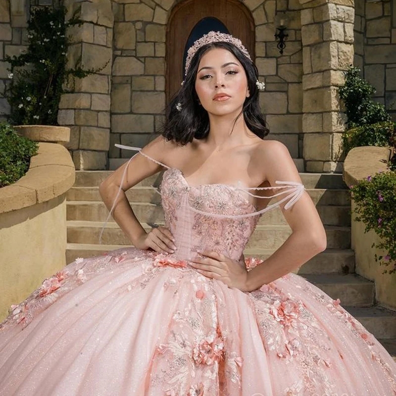 Pink Princess Ball Gown Quinceanera Dresses 3D Flowers Lace Applique Crystal Beads Party Birthday Sweet 16 Dresses Vestidos De 15