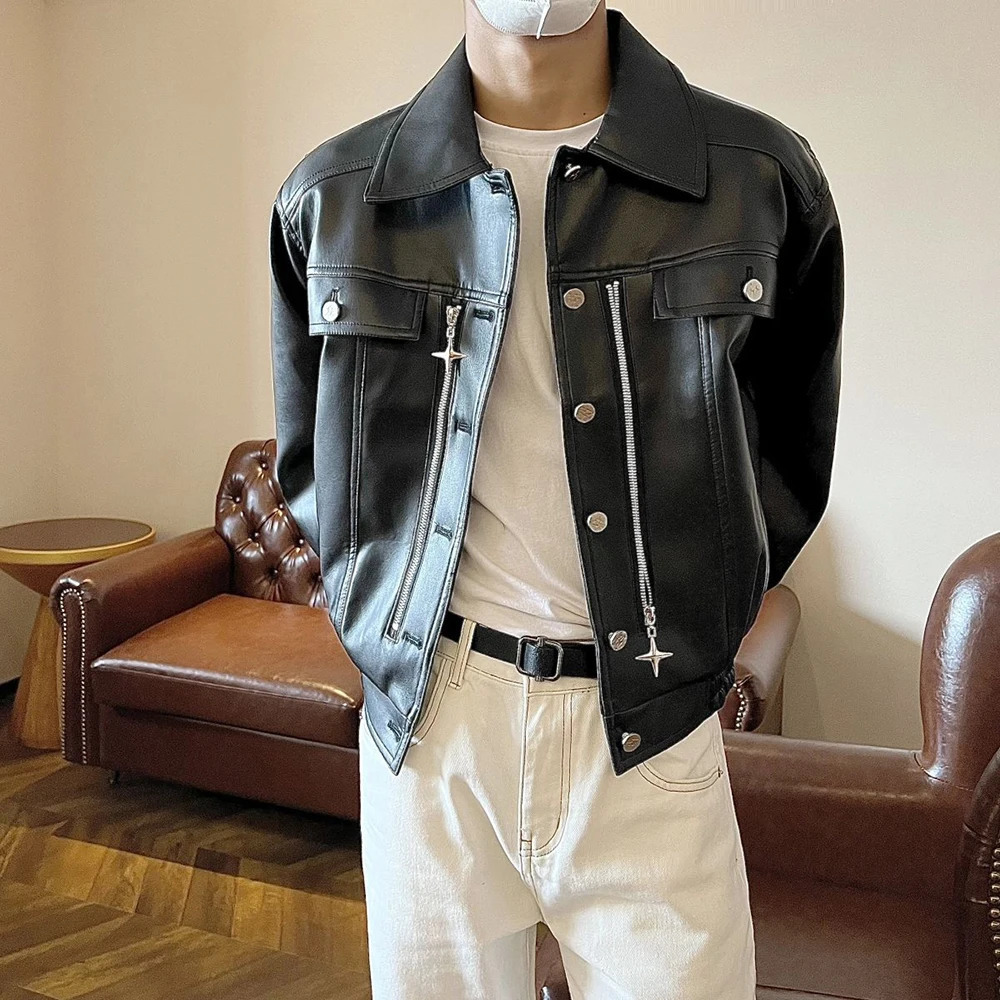 Mens Y2k Biker Metal Zipper Decorated Pu Leather Jacket Genderless Autumn Winter Fashion Street Retro Loose Casual Jacket Unisex 240703