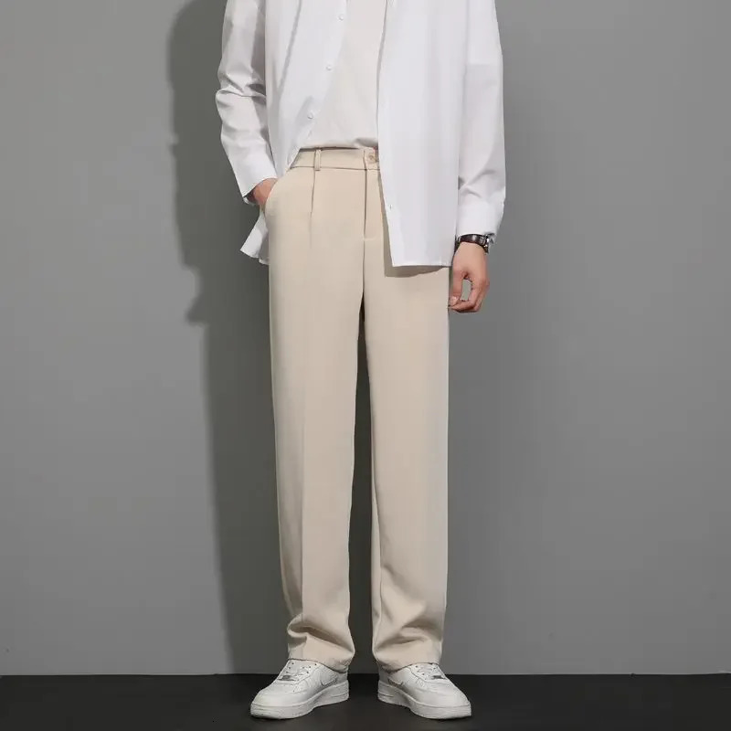 Slim Fit Trousers for Men Brown Cooling Tressed Man Suits Pants Ice Silk Korean Reviews Many Stylish Slacks Thin Casual Classic 240708