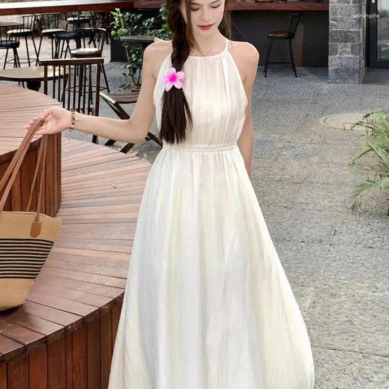 Casual Dresses 2024 Summer Fashion Sexy Halter Slip Off Shoulder Solid Color Evening Dress Elegant High Waist Women Clothing