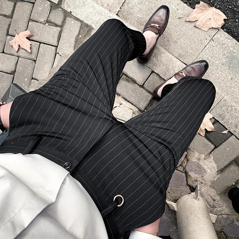 Men's Slim Fit Stretch Dress Pants - Black Striped Formal Ankle Trousers, Business Casual Boutique Style