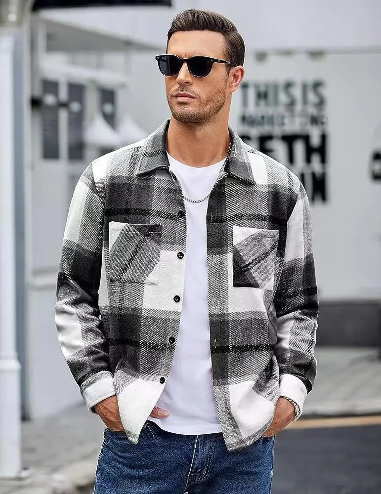 Autumn Winter Mens Plush Warm Plaid Thickened Shirt Jacket Coat Elegant Long Sleeve Shirts For Men 240701