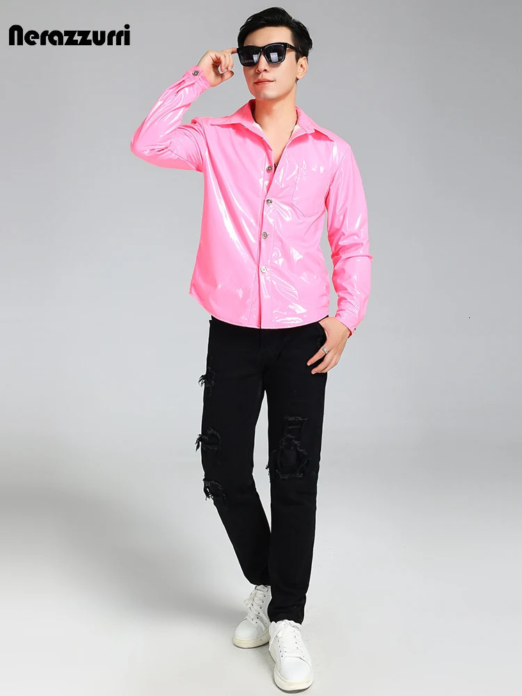 Mauroicardi Spring Autumn Cool Short Shiny Reflective Stretchy Fitted Patent Faux Leather Shirt Jacket Men Y2K Streetwear 240703