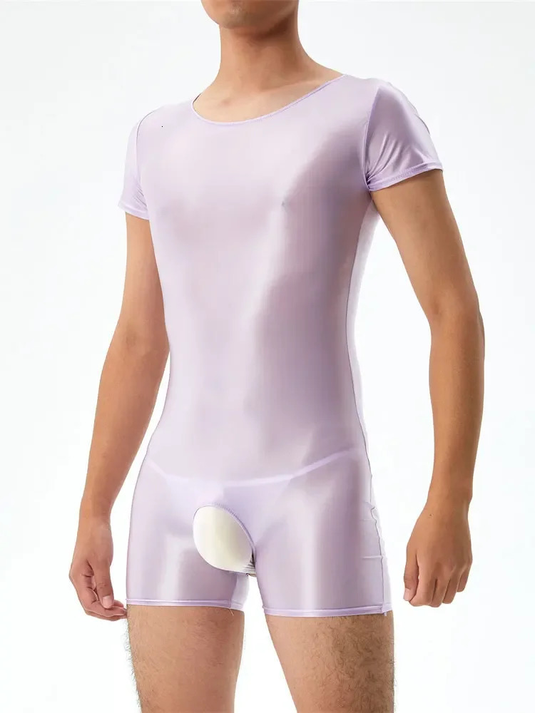 Sexy Mens Open Crotch Bodysuit Short Sleeve Oil Shiny Glossy Tights High Elastic Man Clothing Shapers Exotic Leotard 240703