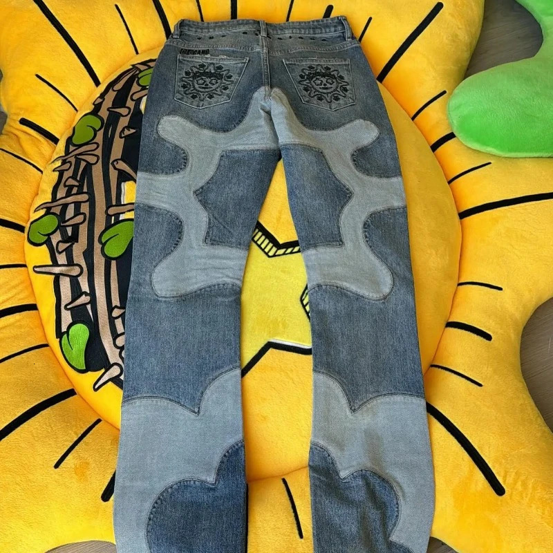 American Fashion High Street Patchwork Pattern Embroidered Jeans Men Y2K Punk Harajuku Straight Leg Jeans Denim Flare Pants 240708