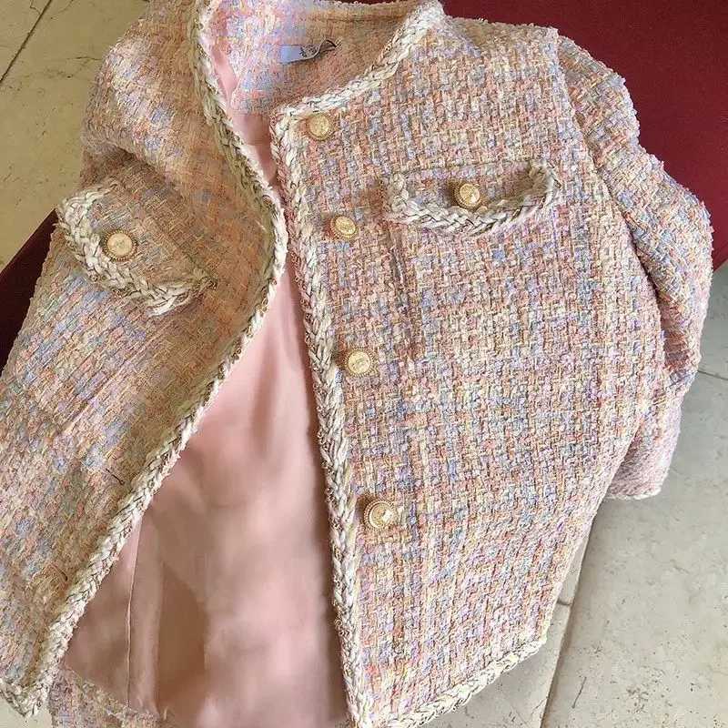 Women's Jackets 2023 New French Design Emotional Niche Social Style Tweed Jacket Pink Wool Tweed Womens Neckline Spring and Autumn J240708