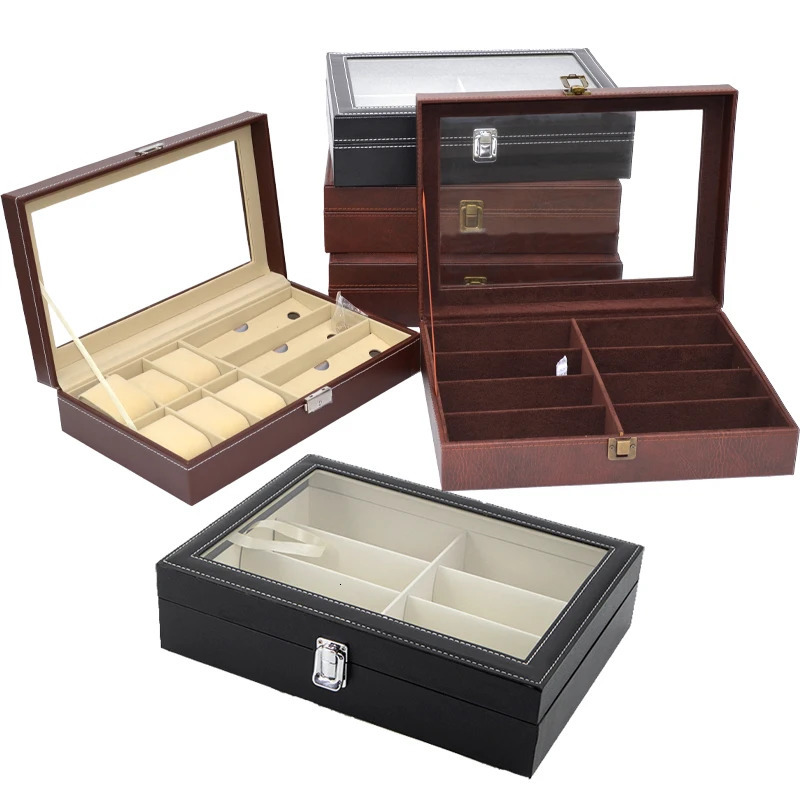 Leather watch case jewelry glasses storage and sunglasses glasses display lockable case organizer240723