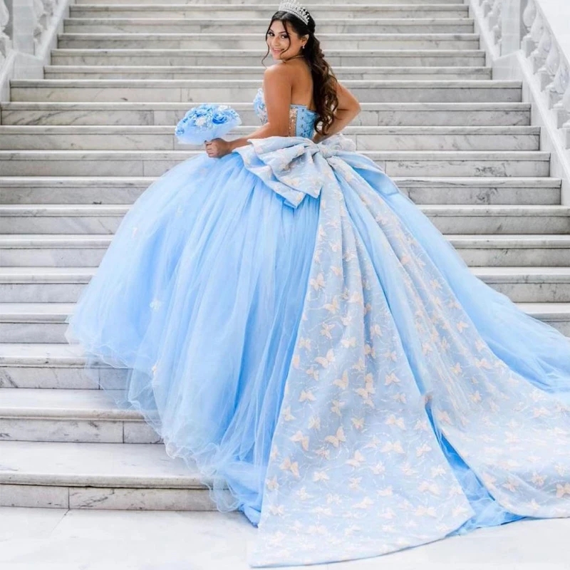 Light Sky Blue 3D Butterfly Off The Shoulder Corset Quinceanera Dresses Ball Gown Lace Tull Sweet 16 Vestidos De 15 Anos