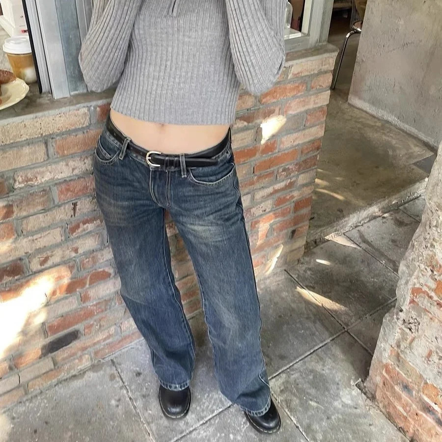 Classic Slim Fit Retro Wash Deep Blue Mid Low Waist Flared Jeans Long Pants Women 3043 240704