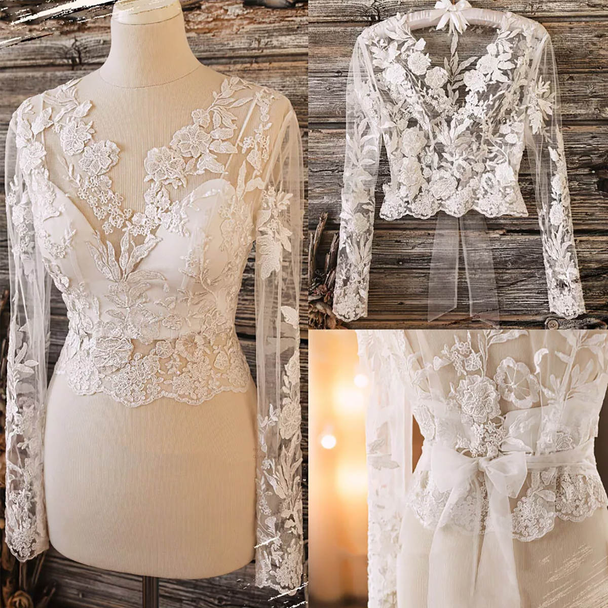 Vintage Lace Wedding Jackets Long Sleeves Sexy V-neck Lace Bridal Boleros Custom Made Bolero Wedding Accessories