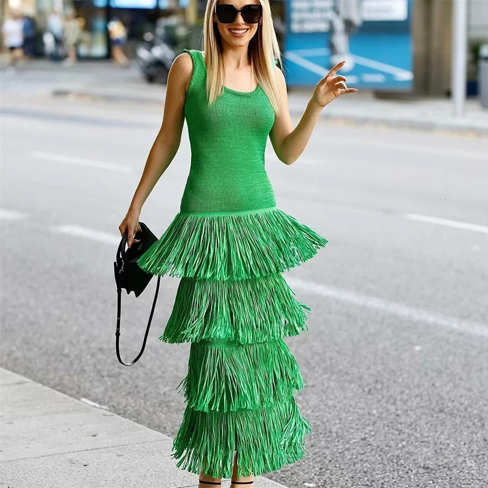 Autumn Womens Tank Top Skirt Long Sleeveless French Fringe Detail Knitted Dress 240701