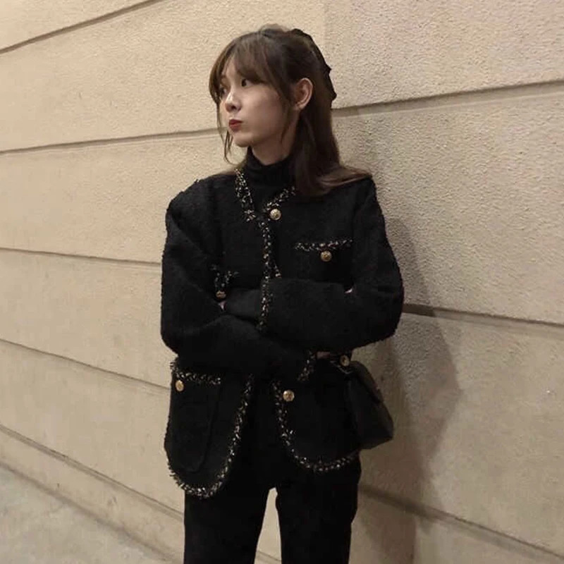 Warm Wool Tweed Jacket Coats Women Winter Korean Style Black Long Sleeve Jackets Woman Pockets Single-Breasted Outwear Lady 240708 cc