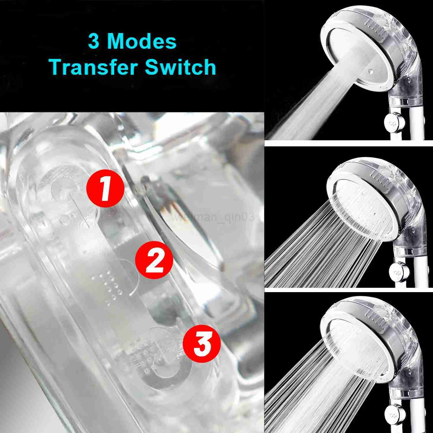 3 Modes Adjustable High Pressure Head SPA Shower Water Saving Filter Balls Replaceable Switch Button One Key Stop ShowerCL240710