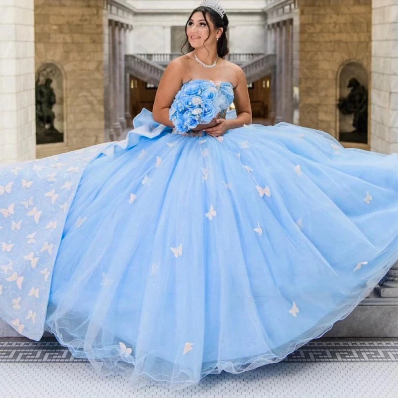 Light Sky Blue 3D Butterfly Off The Shoulder Corset Quinceanera Dresses Ball Gown Lace Tull Sweet 16 Vestidos De 15 Anos