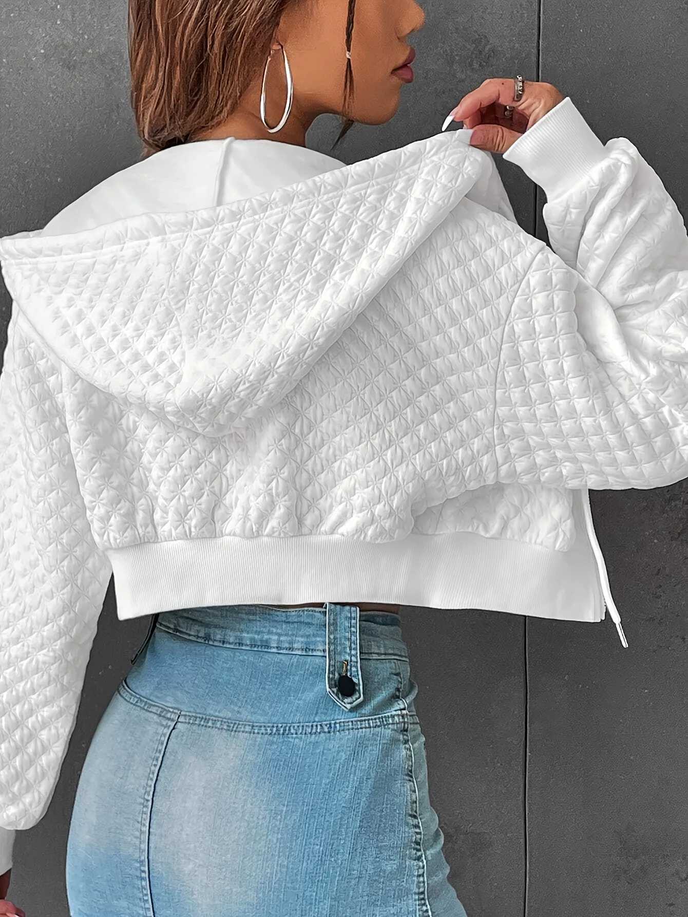 Women's Jackets Myvesto womens fashionable plaid zipper loose jacket casual long sleeved drawstring shoulder short hooded sweater jacket J240708