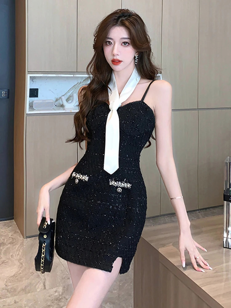 Fashion Ladies Vintage Black Tweed 2 Pieces Outfits Women Clothing Coat Tops Jacket Outwear And Sexy Strap Mini Dress Short Set 240708