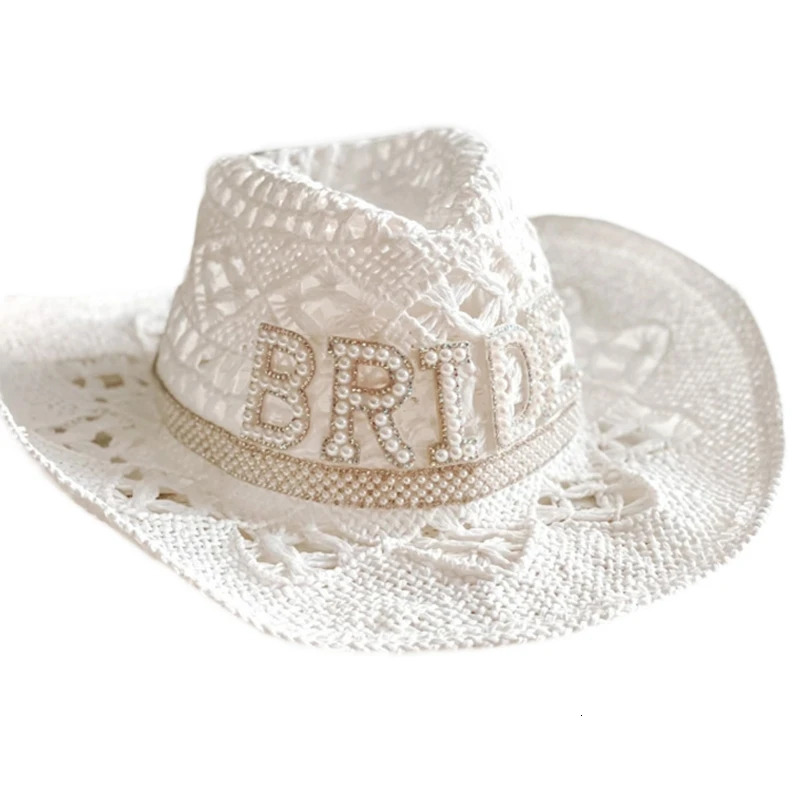 White Elegant Cowgirl Hat Bride Wedding Po Costume Props Summer Hollow Out Women Girl Hat Western Style Cowboy Caps 240701