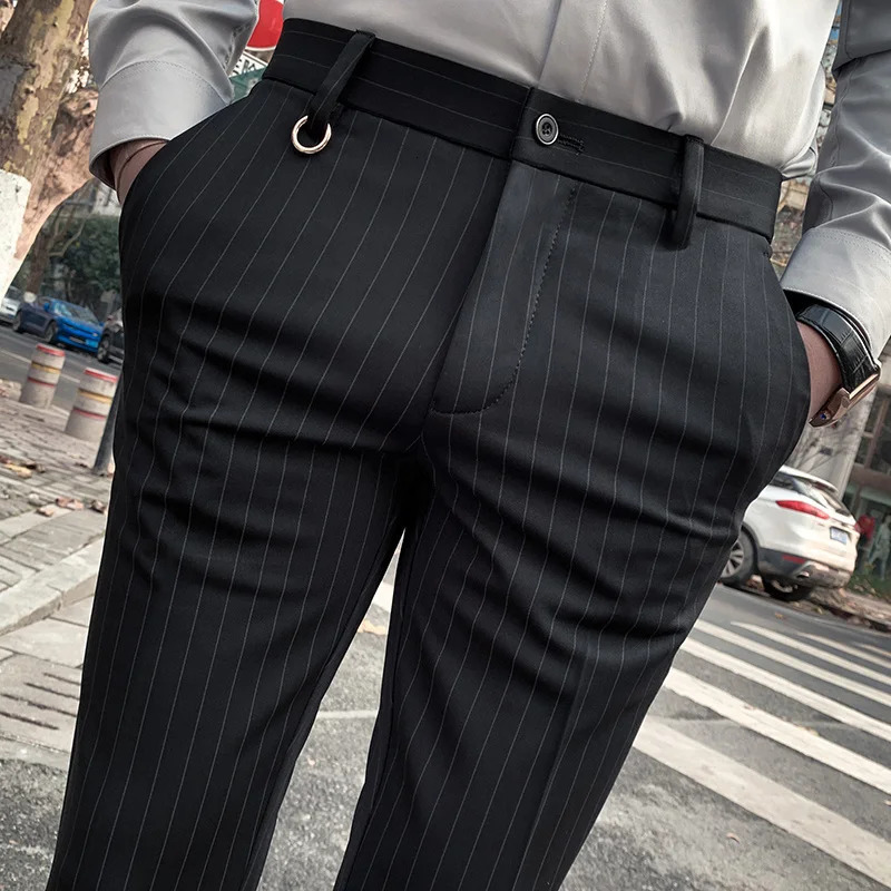 Men's Slim Fit Stretch Dress Pants - Black Striped Formal Ankle Trousers, Business Casual Boutique Style