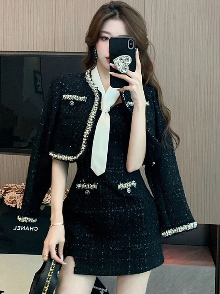 Fashion Ladies Vintage Black Tweed 2 Pieces Outfits Women Clothing Coat Tops Jacket Outwear And Sexy Strap Mini Dress Short Set 240708