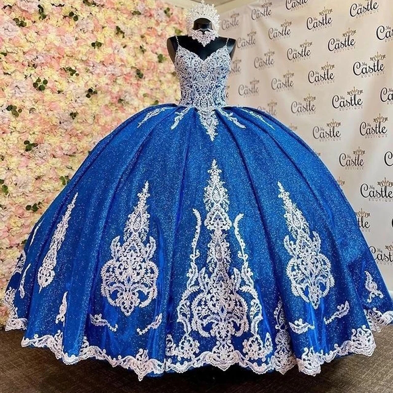 Blue V-Neck Princess Quinceanera Dresses 2025 Floral Applique Gillter Sequins Lace-up Corset Prom Sweety 15 xvideo 16 anos