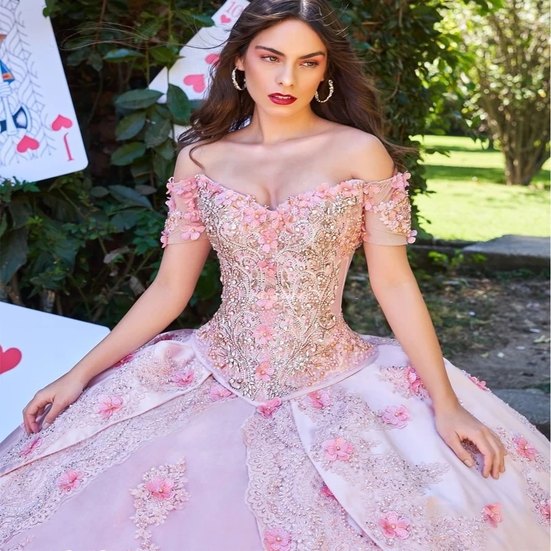 Pink Cinderella Quinceanera Dresses Ball Gown Applique Beading 3D Flower Party Gowns Vestido 15 De Festa Sweet 16 Dress