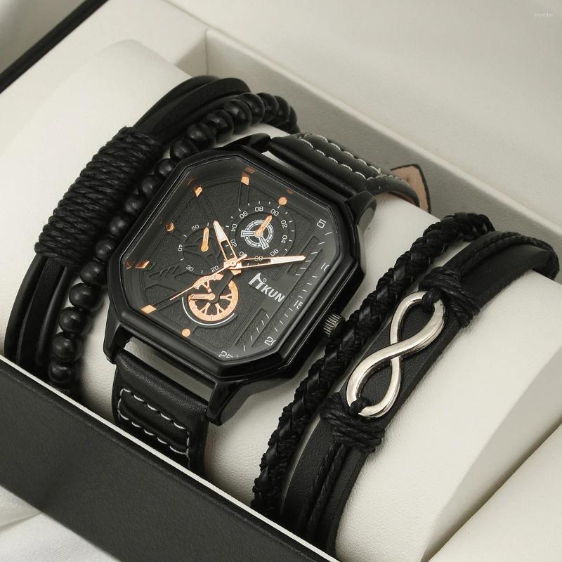 Wristwatches Alloy Men Quartz Watches Bracelet Set Leather Strap Big Dial Square Sports Watch Cool 's Waterproof