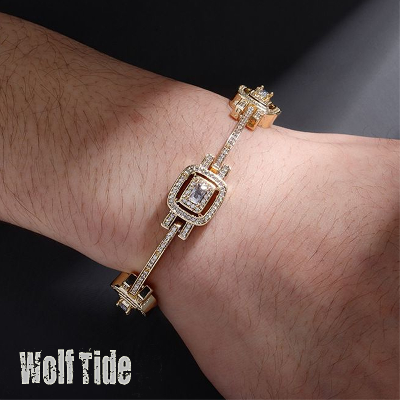 Cubic Zirconia Tennis Chain Bangle Bracelets Clustered CZ Stone Charms Hip Hop Bling Ice Out Geometric Wristband for Men Women Rapper Punk Party Wolf 