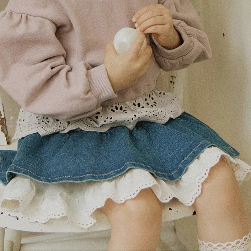 Korean Style Spring Autumn Kids Girl Skirt Lace Denim Patchwork Hollow Out High Waist Short Skirts Children Clothing H030 240703
