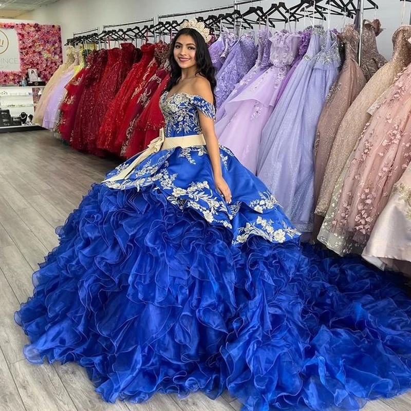 vestidos de 15 anos Navy Blue Mexican Quinceanera Dresses Applique Off the Shoulder Sweet 16 XV Festa Graduation Dress