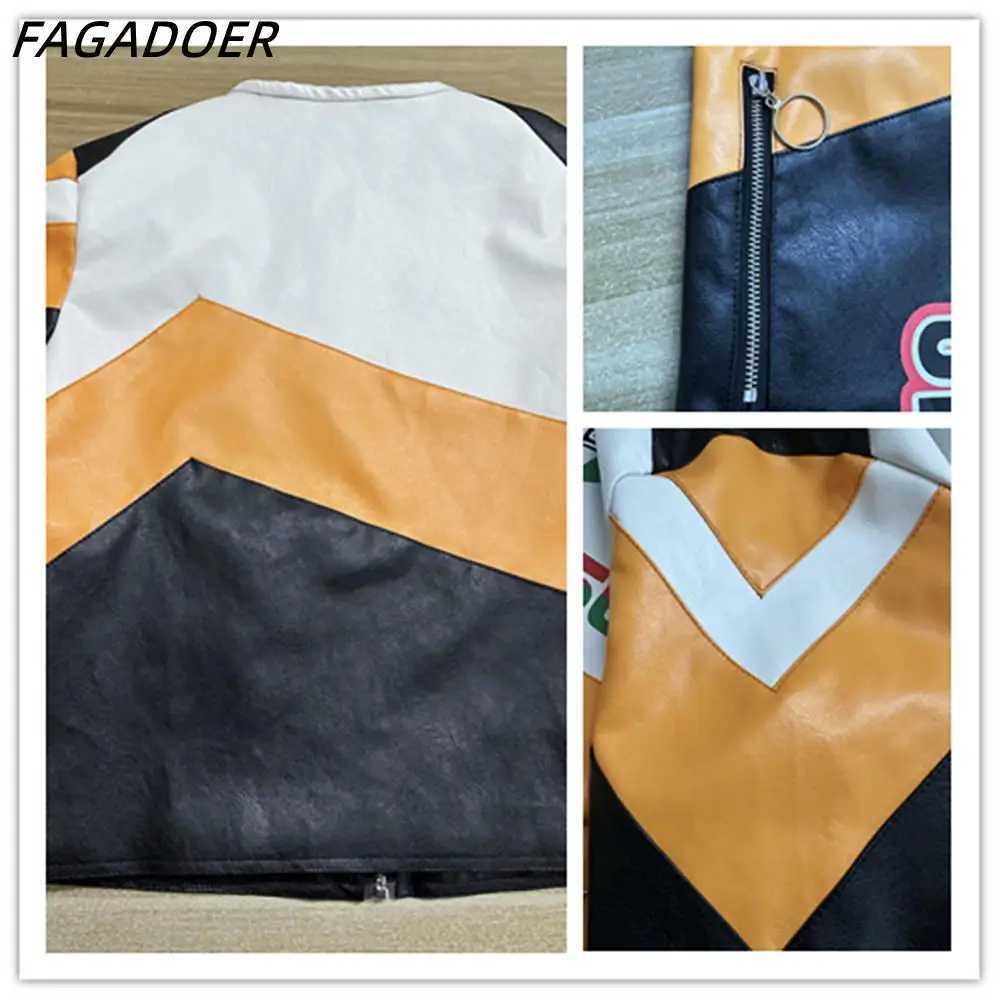 Women's Jackets FAGADOER Fashion Street Style Womens PU leather long sleeved zippered crop jacket Womens letter printed patchwork ultra-thin jack